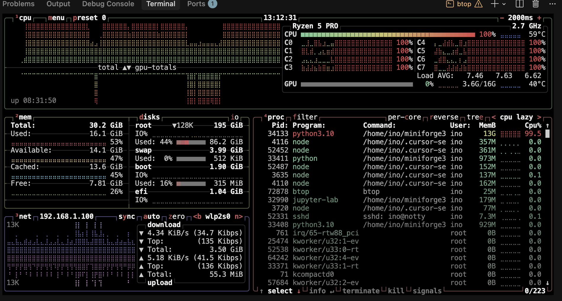 btop system monitor showing CPU, memory, and GPU stats
