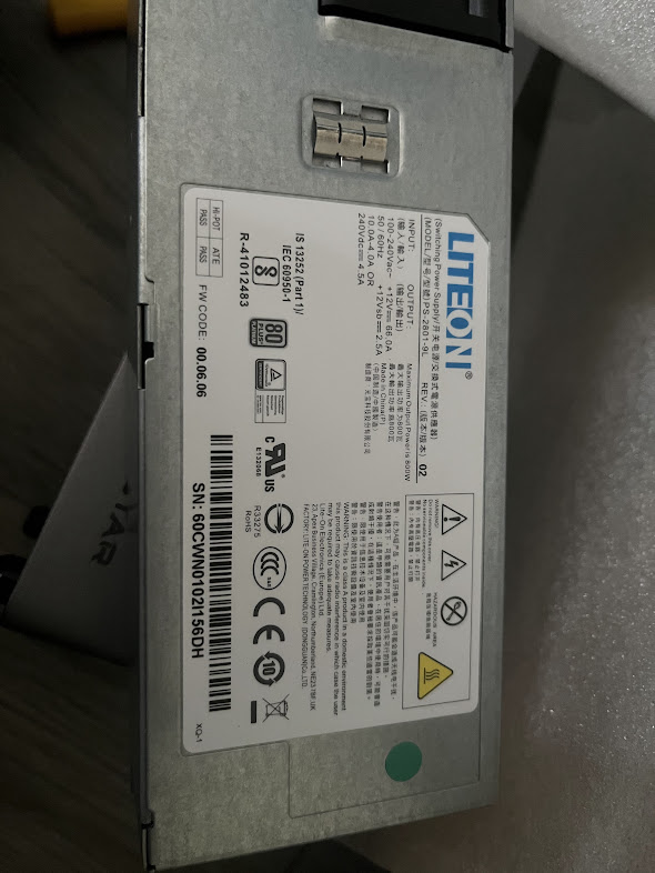 Lite-On FS9323 power supply label inside the OCuLink enclosure