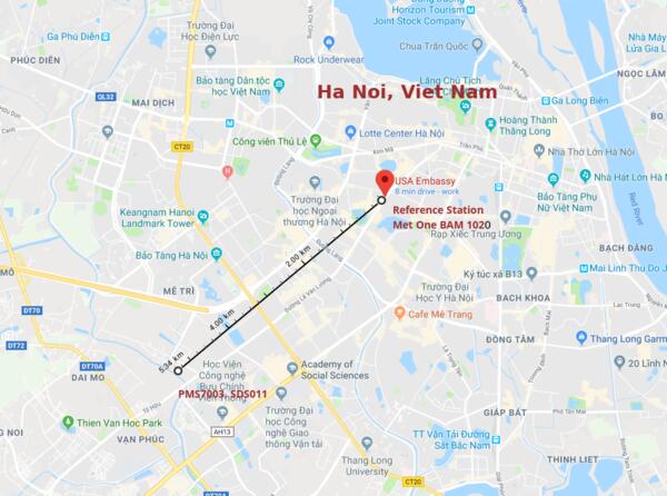 Sensor and reference station locations in Hanoi